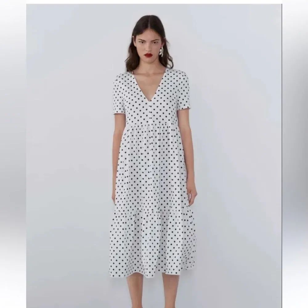 Zara Vneck Polka Dot Tiered Midi Dress